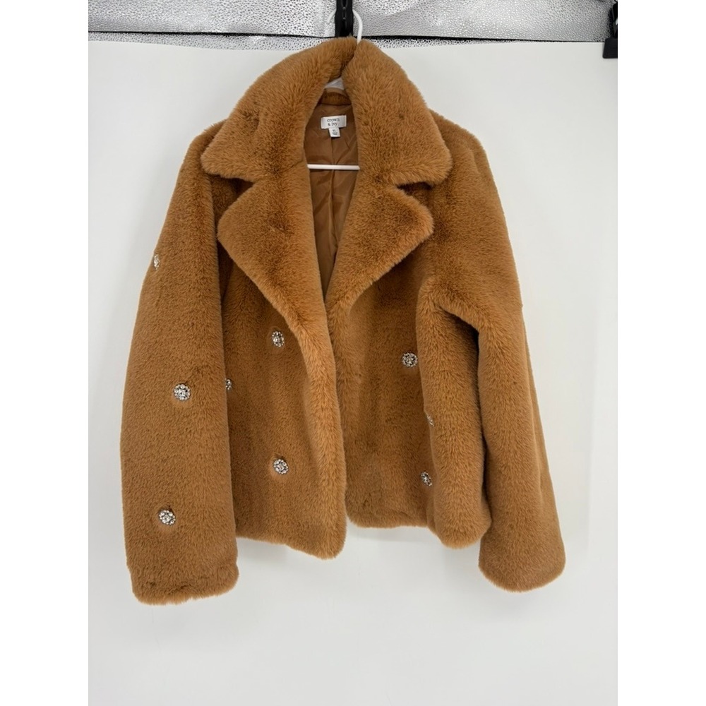 Crown & Ivy Faux Fur Jacket Womens XL Brown Rhinestone Embellished Double Breast